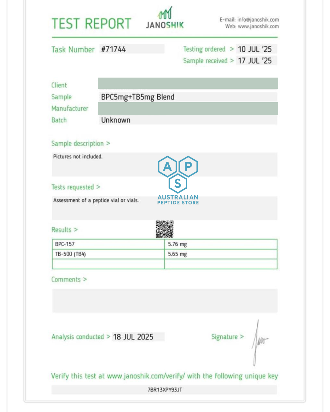 Test report for a BPCSmg+TB5mg Blend with Janoshik for APS.