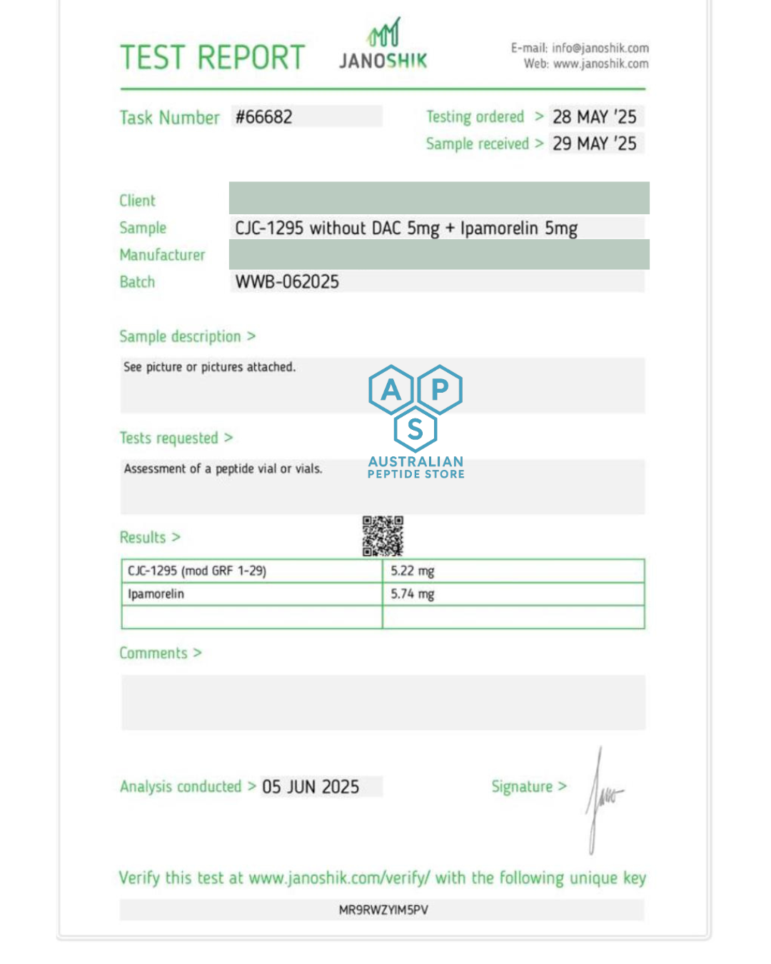 Test report from Janoshik CJC1295/IPA Blend for APS
