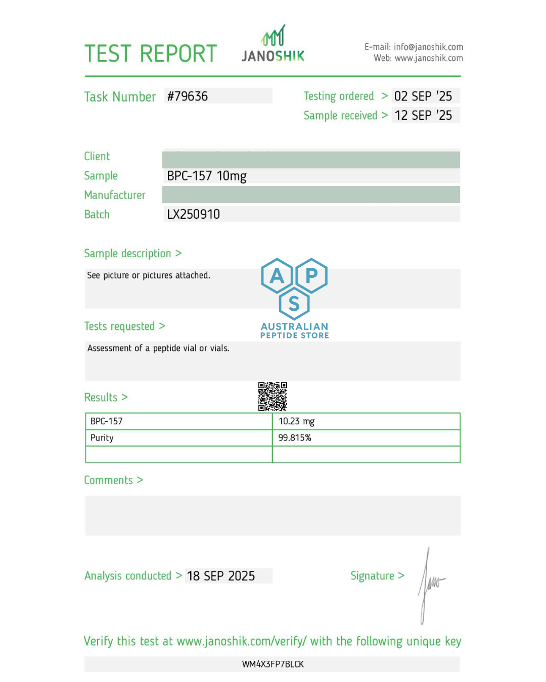 Test report for BPC-157 10mg sample with Janosik for APS
