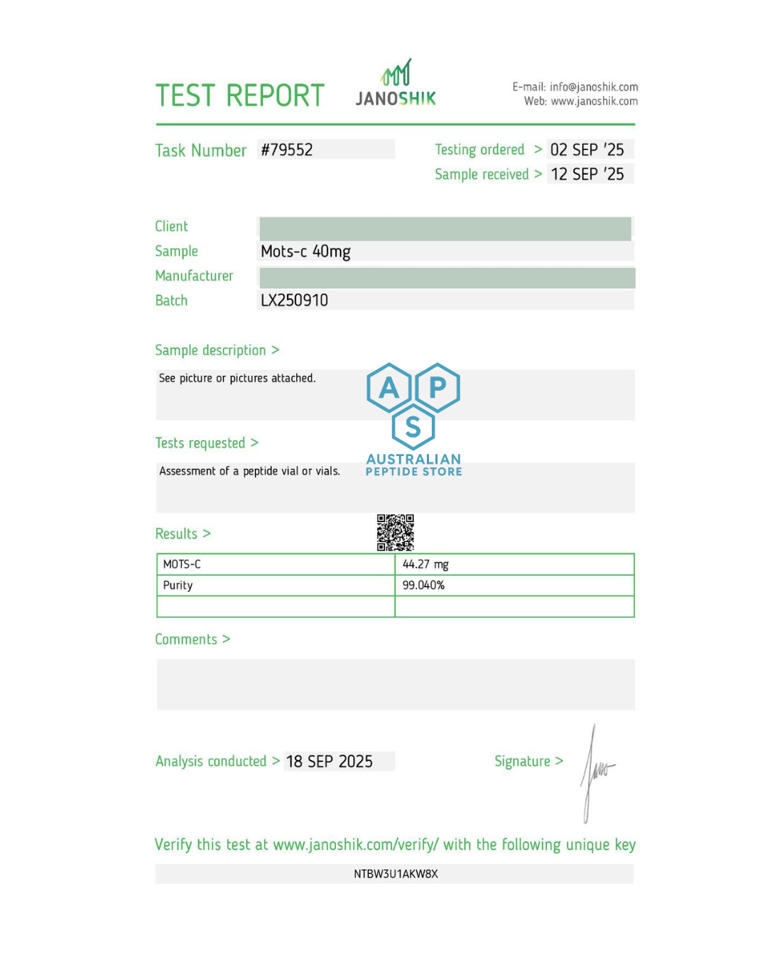 MOTS-C Test report from Janosik for APS
