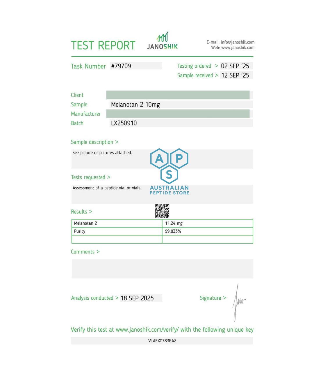 Test report for Melanotan 2 10mg with Janoshik for APS.