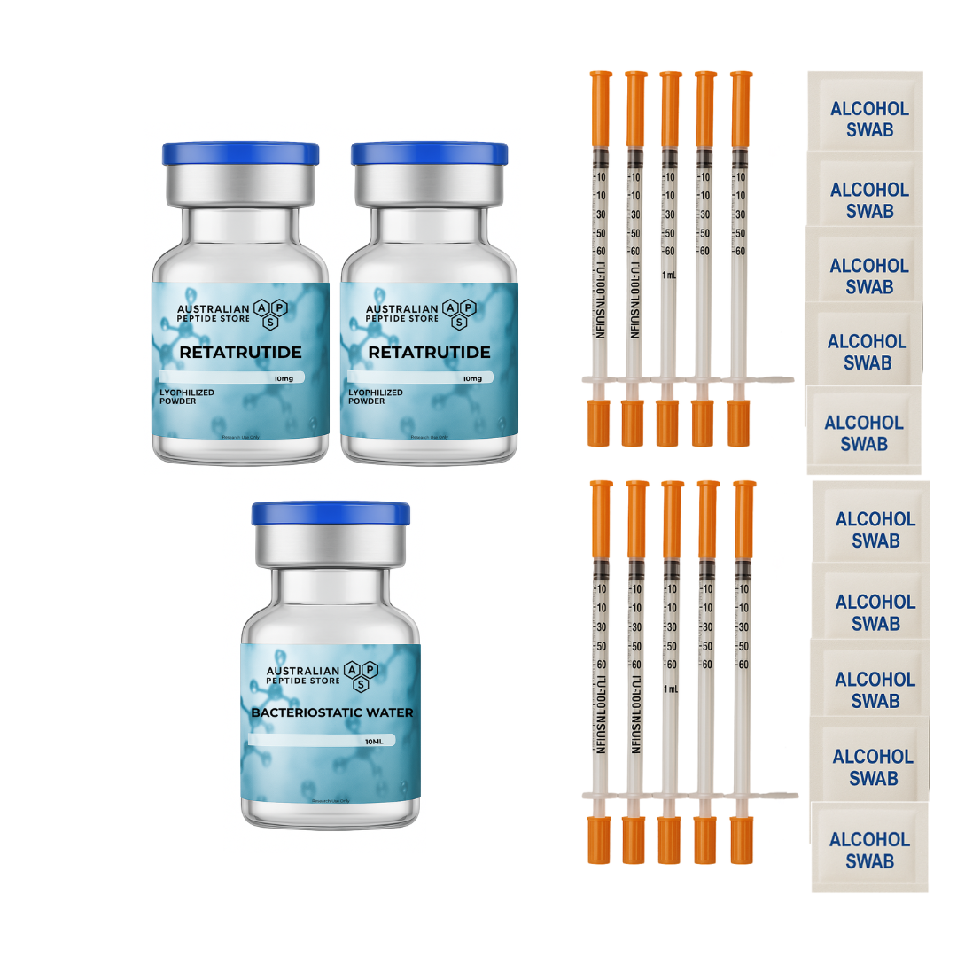 3 x Retatrutide 10mg peptide vials, syringes, and alcohol swabs