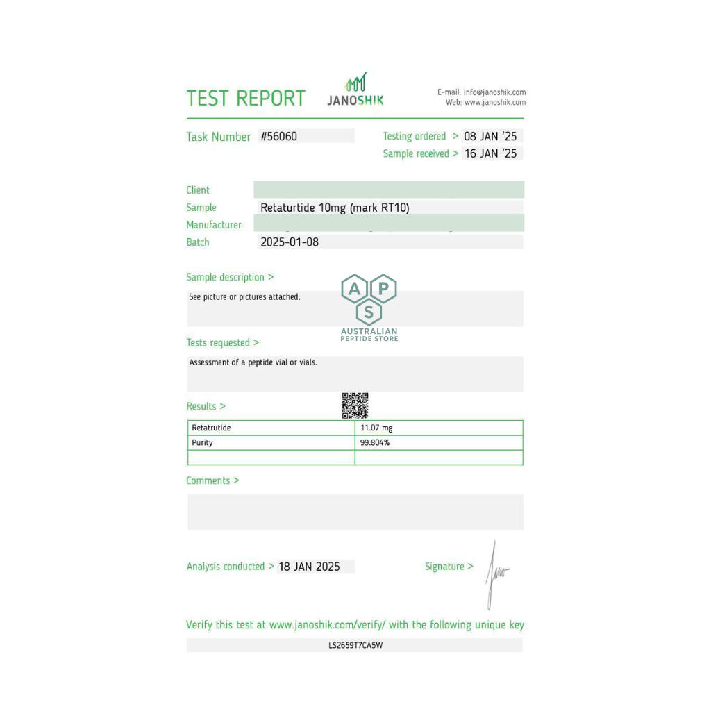 Test report for Retaturnide 10mg with Janshik for APS.